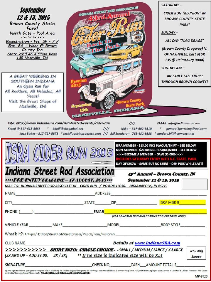 ISRA, INDIANA STREET ROD ASSOCIATION, CIDER RUN, CIDER RUN 2015, APPLICATION, MIKE PERSHING, BRANDYWINE CRUISERS INC